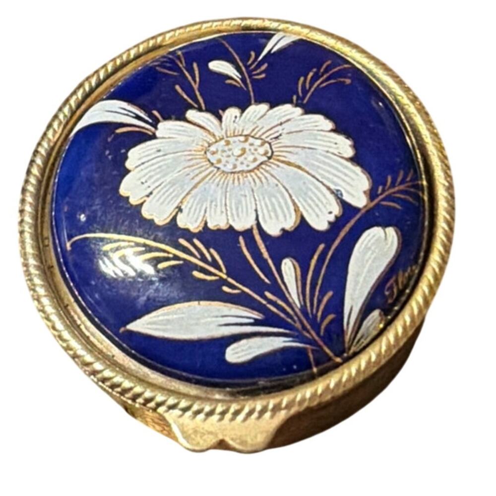 Vintage Cobalt Blue Floral Gold Tone Round Trinket Pill Box Hinged 2"